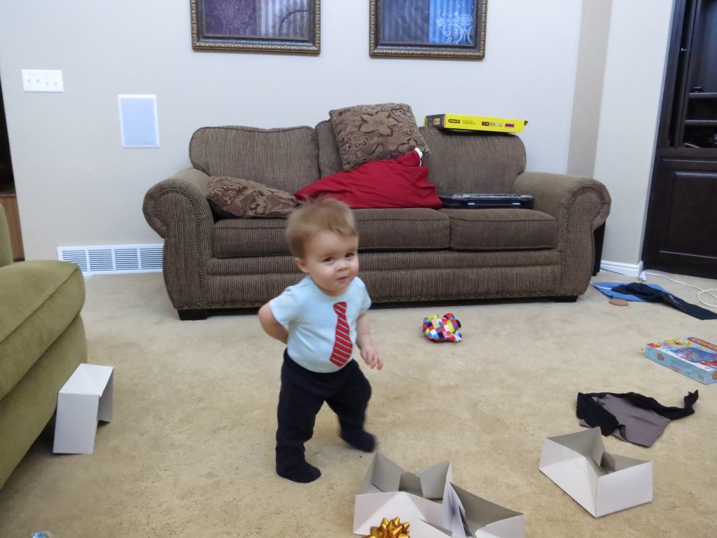 Emrick frolics amid the Christmas rubble.