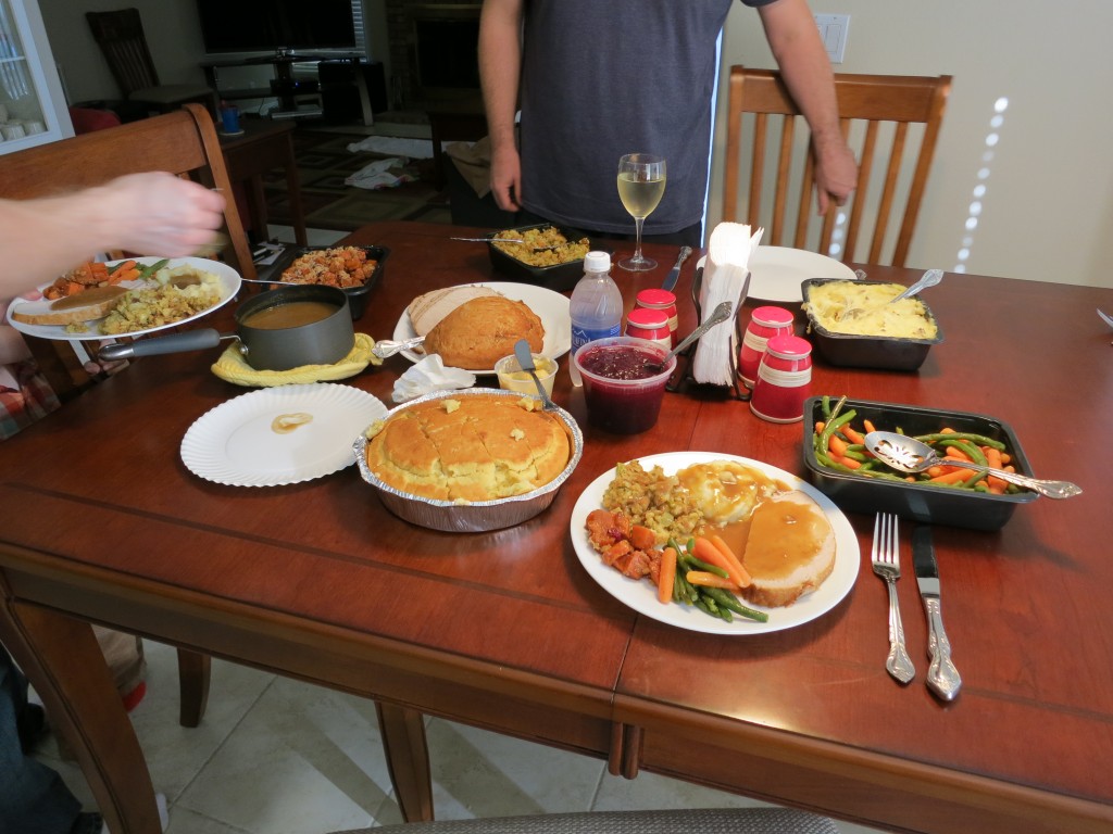 Dinner is served. Yes, that plate drowning in gravy in the foreground is mine. 