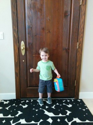 Here's Emrick, on our way out the door on the first day. Kids are asked not to bring a backpack, but just a lunchbox with a small snack packed inside. 